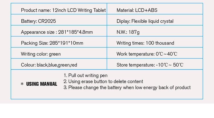 LCD توجه داشته باشید تخته دستی نوشتن قرص 12 اینچ